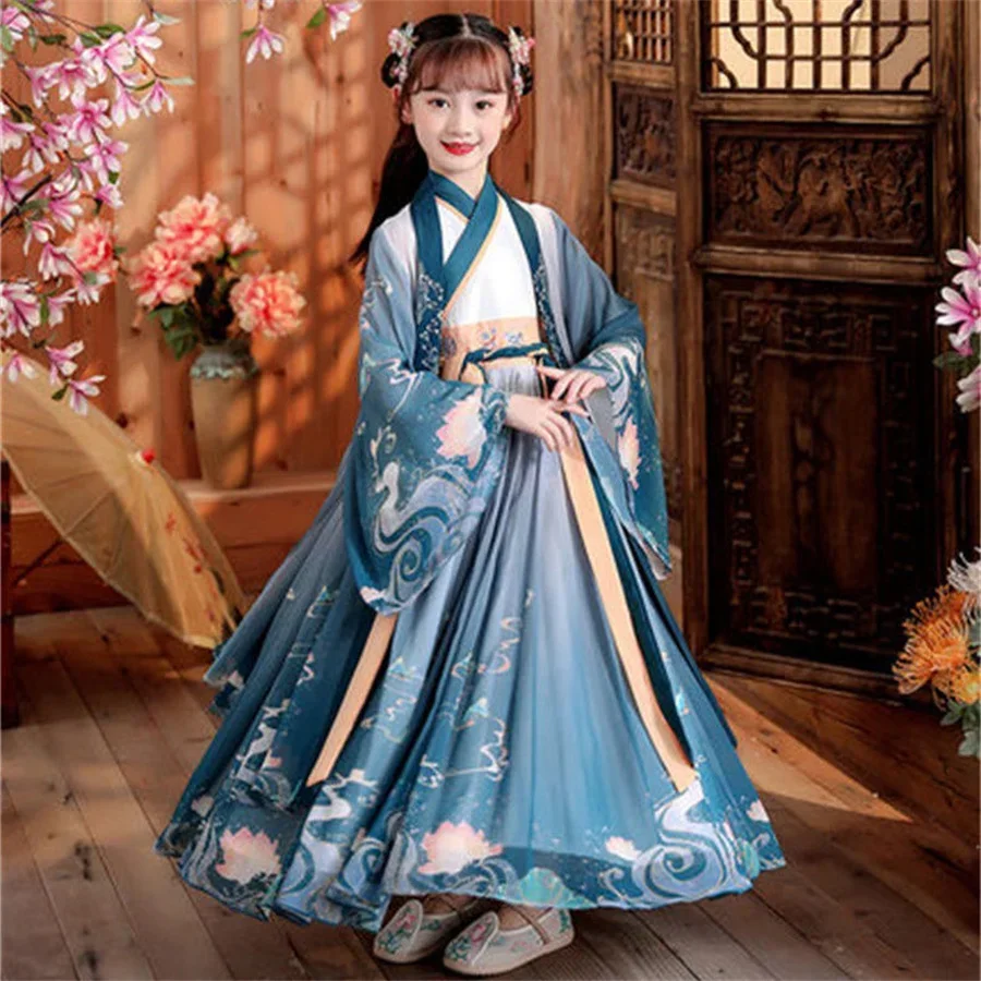 New Hanfu girls spring and autumn  costume dress 3-12 years old girl cherry blossom princess dress Chinese style child