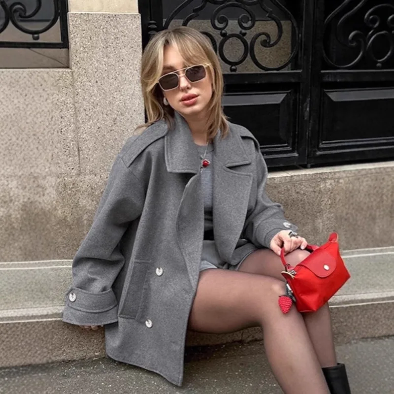 French Commuter Gray Woolen Blazer Loose Elegant Mid-Length Coat Women Fashion Versatile Outerwear For Work Travel Fall Winter