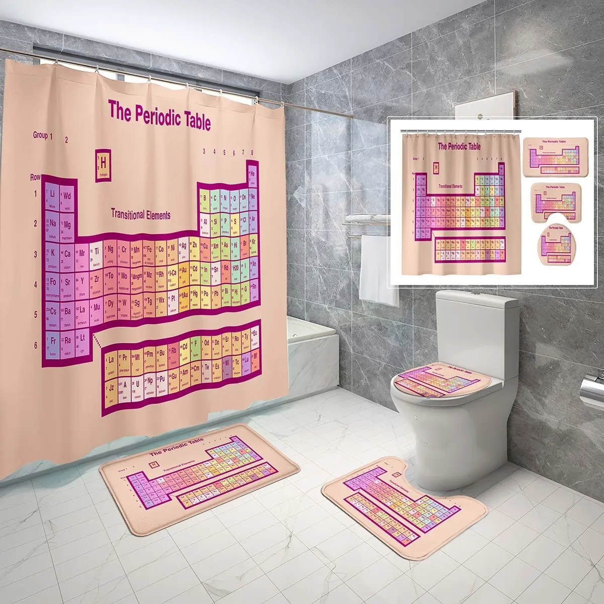 Periodic Table of Elements Shower Curtain 4-Piece Set with Non-Slip Rugs, Toilet Lid Cover Science Chemistry Theme Bath Curtain