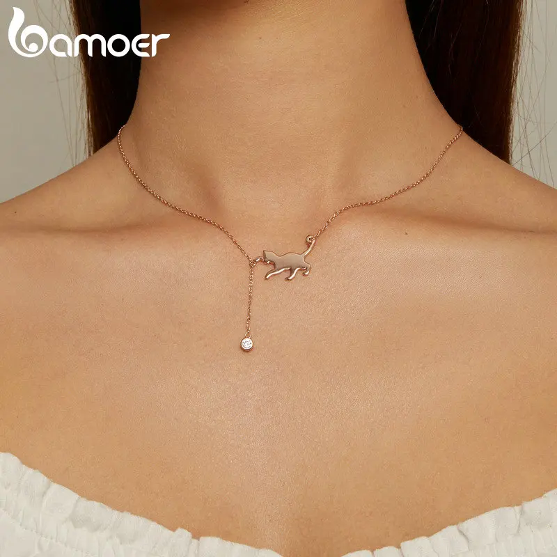 BAMOER S925 Sterling Silver Cat Necklace Cute Silver Cat Pendant Collarbone Necklace for Women SCN232 3 Colors