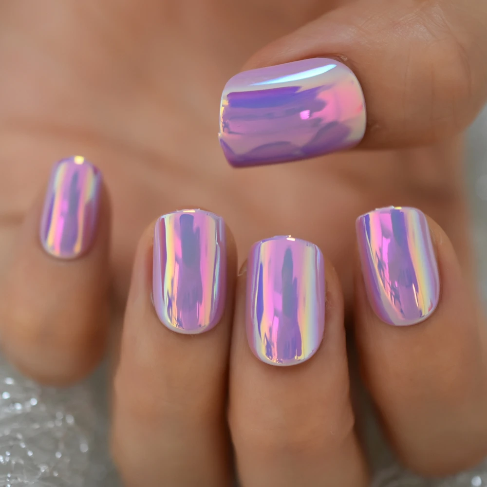 DIY Fake Nails Magic Color Chameleon Pink Purple Press on False Nails Short Fake Nails Salon Manicure Reusable Nail Art Tips