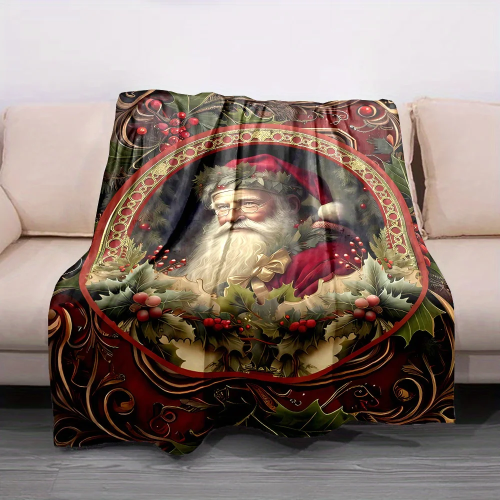 1pc Festive Vintage Christmas Theme Santa Claus and Holly Pattern Flannel Fleece Throw Blanket - Reversible, All-Season, Digital
