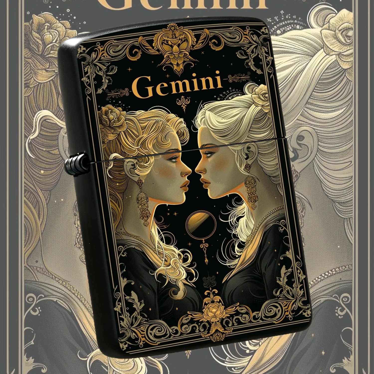 Vintage Ornate Gemini Themed Lighter, Exquisite Gold Foil Zodiac Sign Art Decor, Versatile For All Occasions, Creative Aesthetic Collectible, Ideal Thoughtful Gift For Astrology Lovers, Daily Use Portable Stylish Accessory A Humorous And In