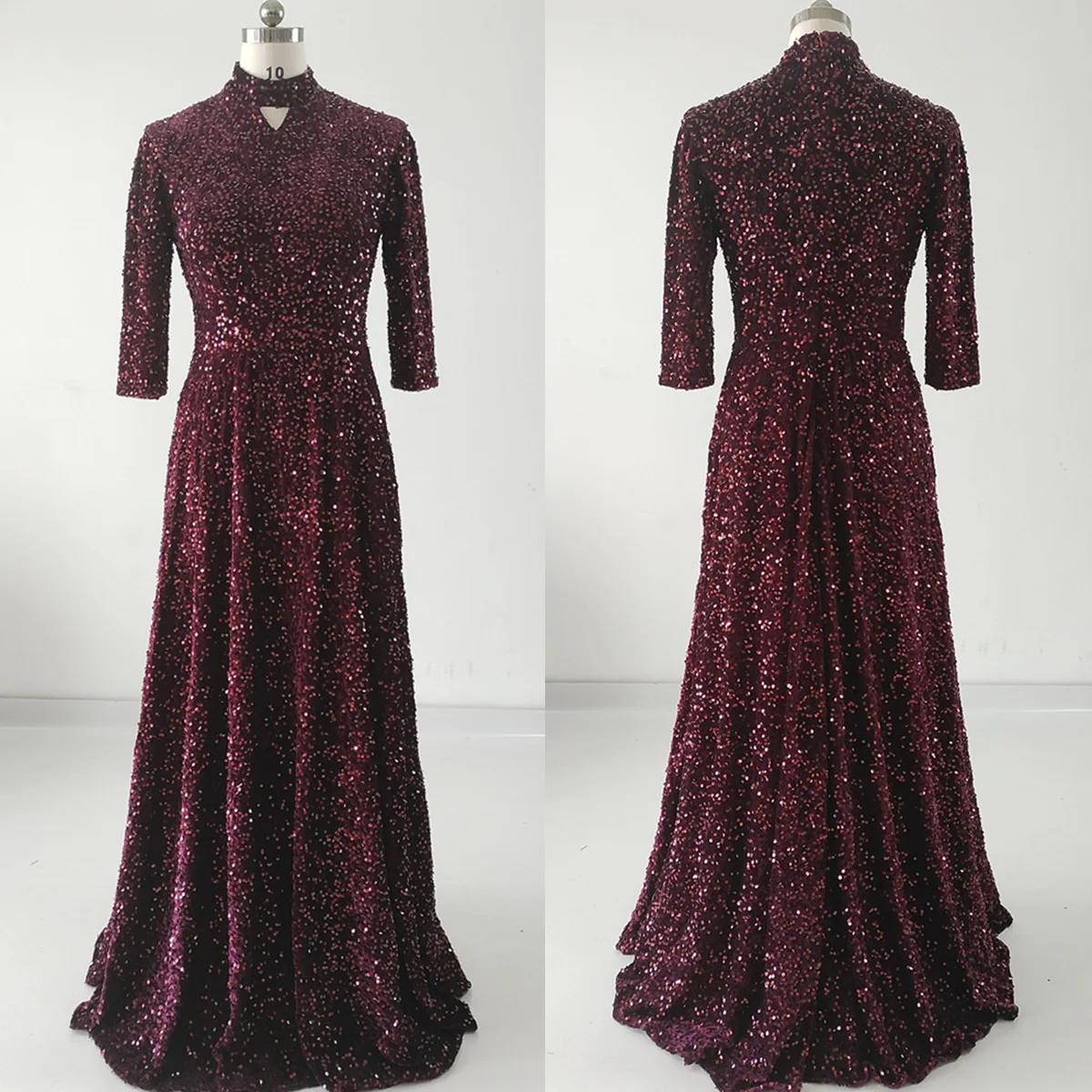 

Real Photo Evening Dresses Burgundy Sequins High Collar Plus Size 3/4 Sleeves Women Party Formal Gowns vestidos de fiesta LF081