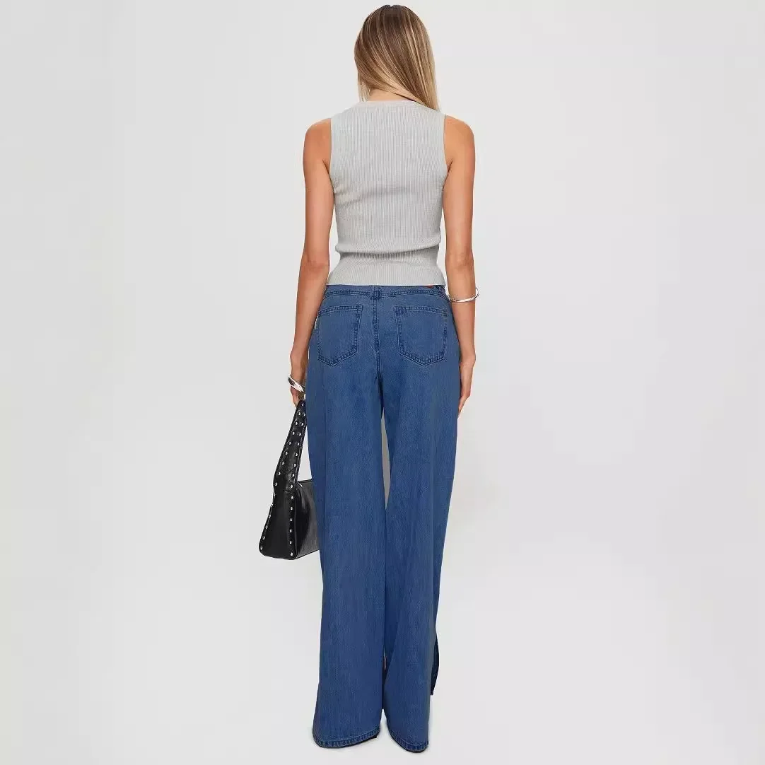 Wide Leg Pants Jeans Women Vintage Split Trousers Low Waist  Denims Pockets Washed Distressed Female Streetwear Floor Length