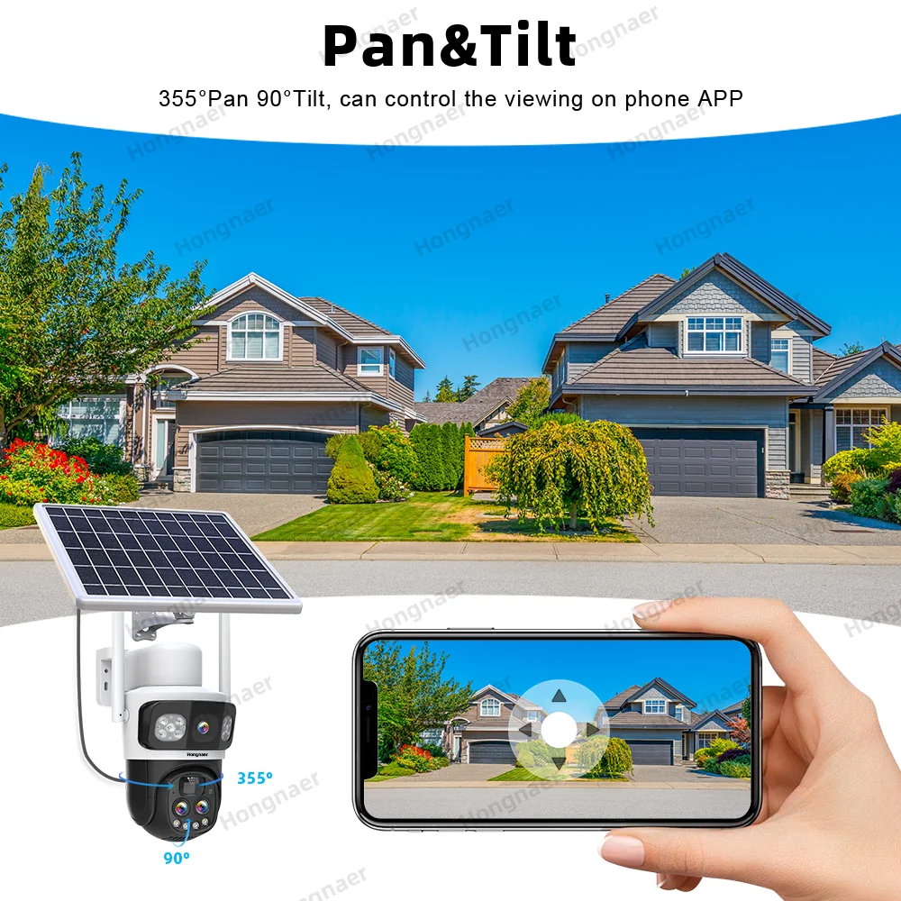 Hongnaer 12MP 6K 4G Outdoor 10X Zoom Three Lens Solar Panel Powered Wireless IP PTZ V380 Pro WiFi Security CCTV Solar Camera