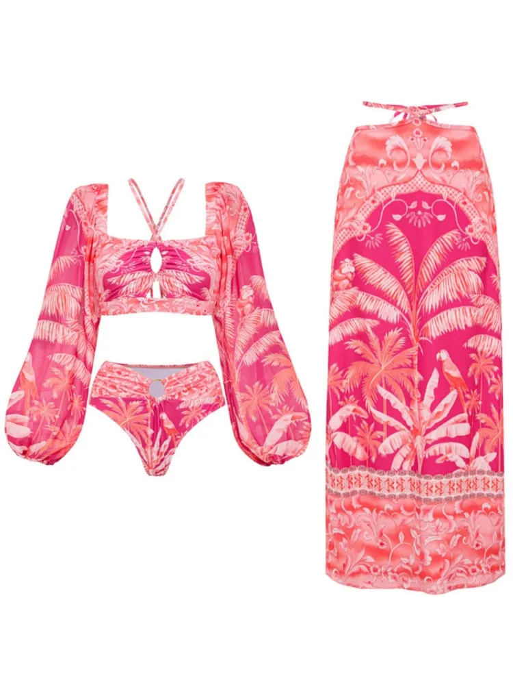 

Ретро-бикини с принтом, модный комплект бикини и цельный купальник с юбкой, облегающий, женский, с завязками, летний, пляжный, роскошный, элегантный