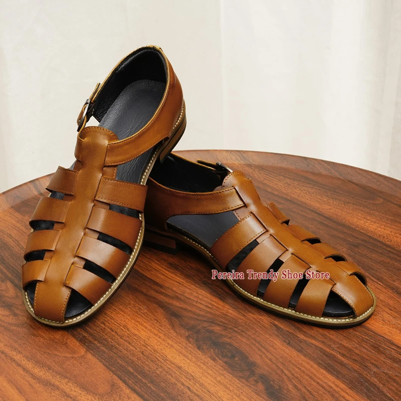 

Summer New Men's Genuine Leather Sandals Trendy Round Toe Hollow Slip-On Casual Shoes British Style Outdoor Comfortable Shoes