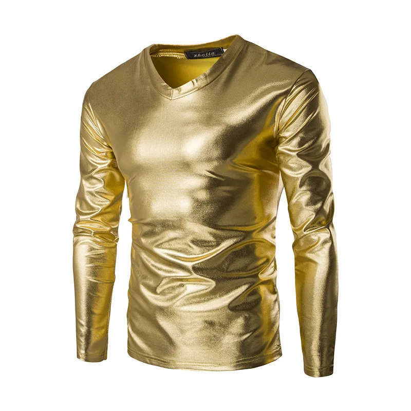 New Bronzing Glossy Performance Clothes Men's Slim-fitting Long-sleeved T-shirt Men's Nightclub Men's T-shirt