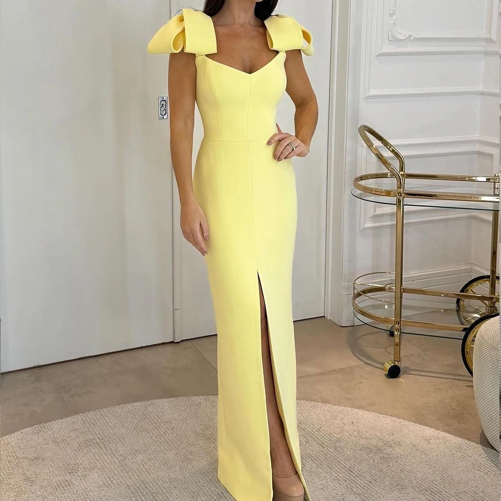

Exquisite Bow Off the Shoulder Jersey Evening Dresses Fashion Straight Square Neck Front Slit Sleeveless Vestidos De Fiesta