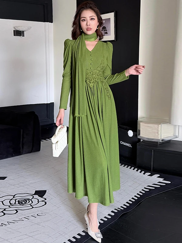 

Ele High-Waisted Slim Fit Knitted Long Sve Dr with Ruffle Paneling for Women Sli plus Size Casual Evening Gown