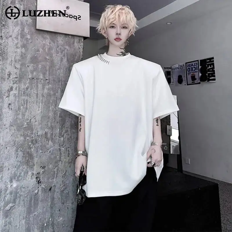 LUZHEN Patchwork Short Buckle Trendy Round Original Metal Neck Sleeve Tops Men's Handsome Loose Shoulder Pad Male T-shirt JY7335