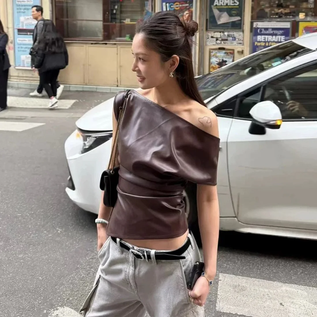 2025 Summer New PU Irregular Solid Tops Folds Club Fashion Tee Shirts Skew Collar Off Shoulder Y2K Tops All-Matching Streetwear