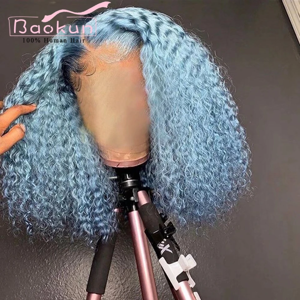 Perruque Lace Front Wig Remy naturelle crépue bouclée, cheveux humains, pre-plucked, bleu bébé, 13x4, 13x6 HD, pour femmes