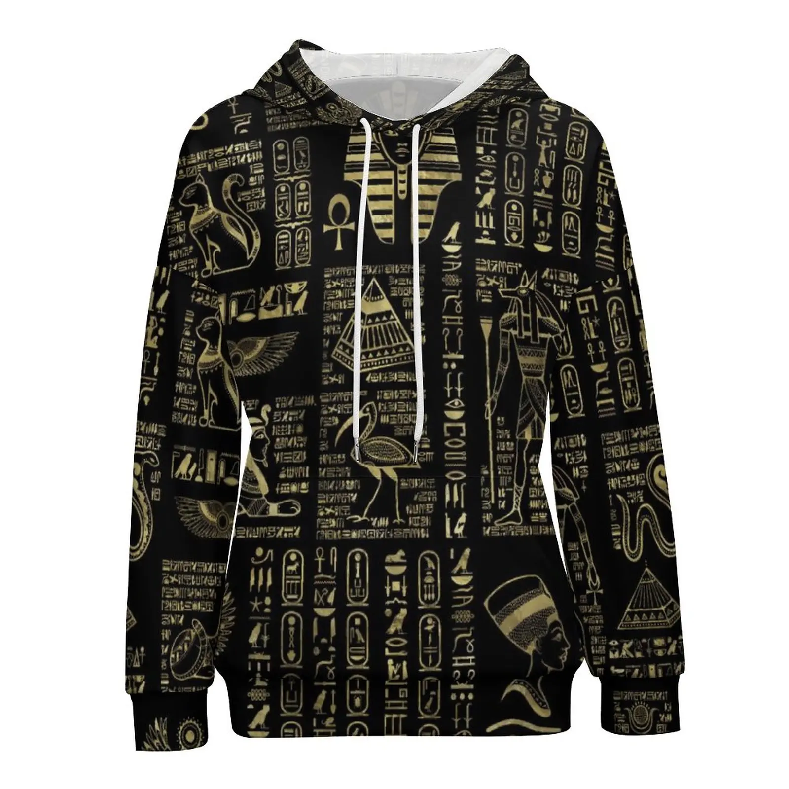 Retro Letter Print Hoodies Egyptian Hieroglyphs Streetwear Oversize Pullover Hoodie Lady Long Sleeve Elegant Graphic Sweatshirts