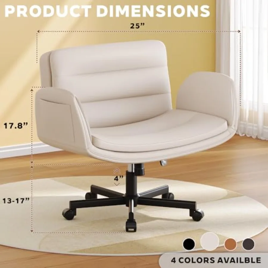 Vanity chair for home office and bedroom use, upholstered in black faux leather, featuring criss-cross back design, flip-up arm