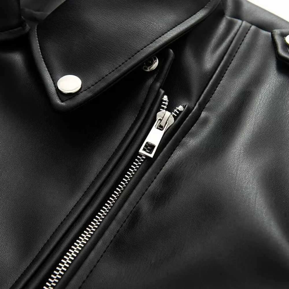 top ampio da donna in ecopelle con risvolto a maniche lunghe con cerniera tasca in vita bottone cintura autunno e inverno nuovo stile coo