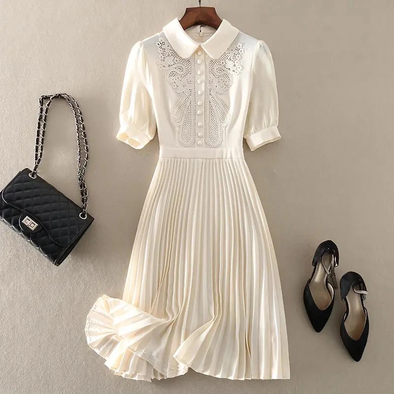 Embroider Hook Flower Hollow Office Lady A-Line Women's Dress Polo Short Sleeve Elegant Mid-Calf Pleated Dresses For Women 2023