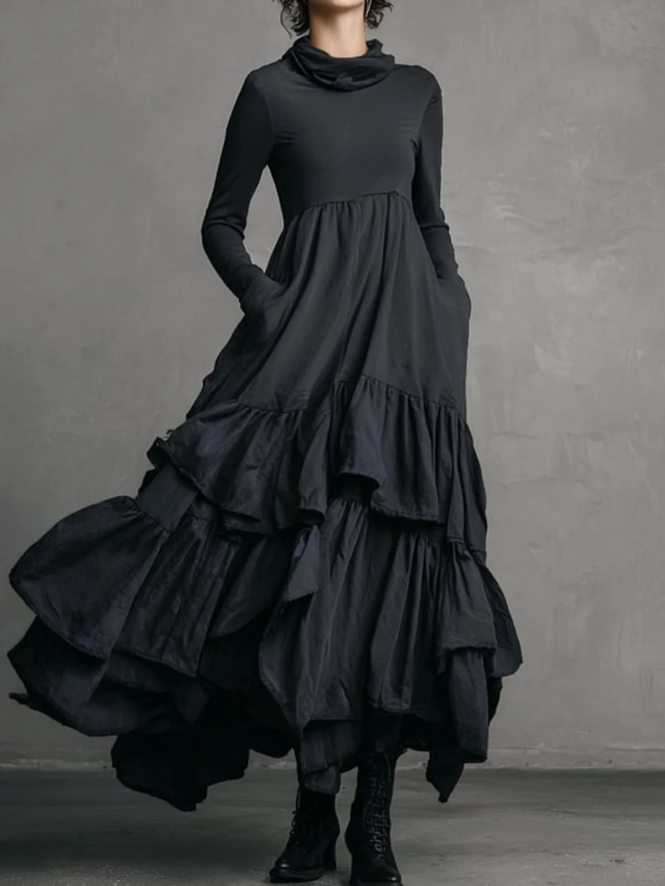 Elegante vestido longo plissado para mulheres, gola alta, mangas compridas, babado, em camadas, linha a, moda outono primavera, vestido retrô de bolso