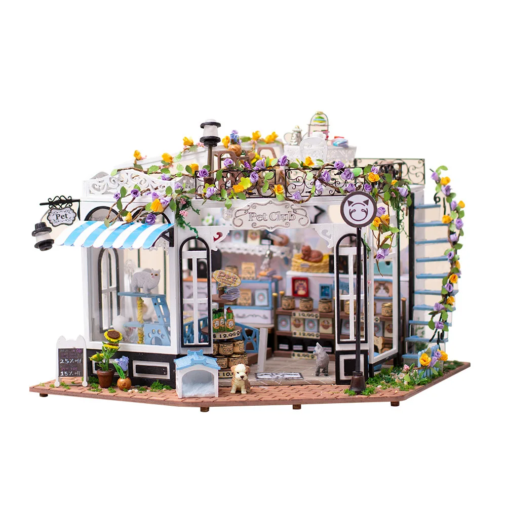 

DIY Wooden Doll House Pet Shop Casa Miniature Building Kits Dollhouse With Furniture LED Light Villa for Adults Birthday Gifts