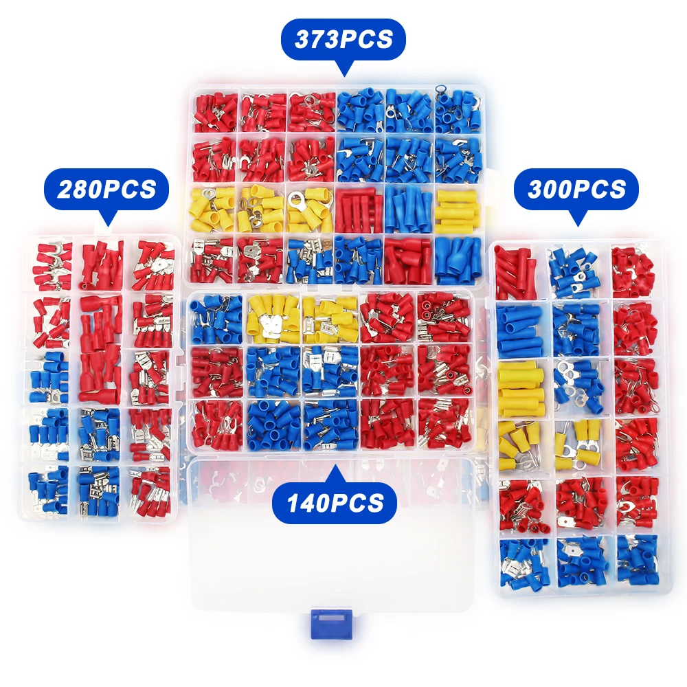 140-1300pcs Crimp Spade Terminal Quick Connect Terminal Kit - Cold Pressed Fork/Ring/Spade Lug for Low Voltage DC Wiring System​