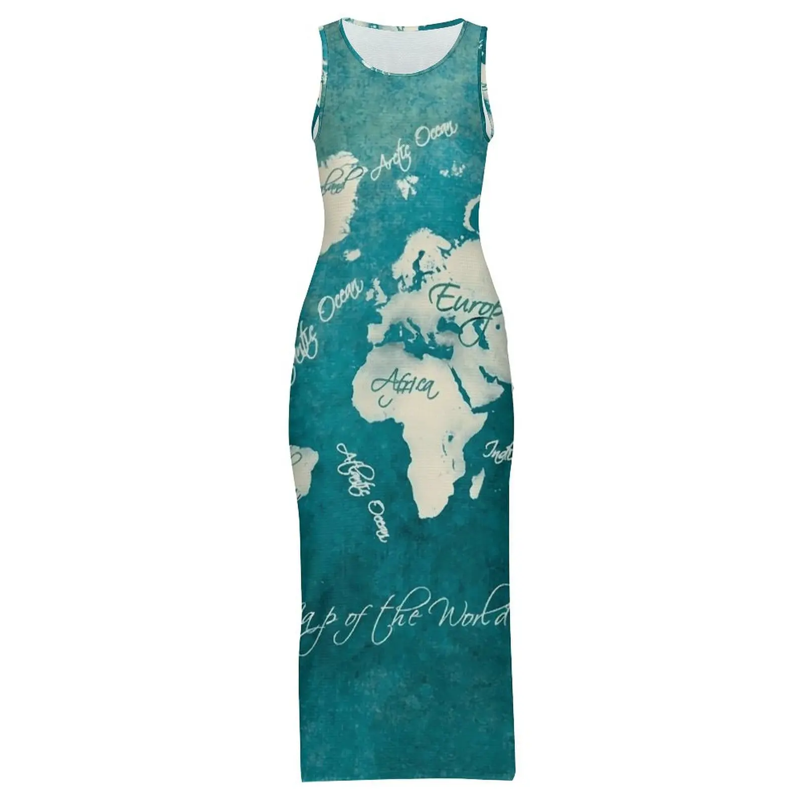 Mappa del mondo 2020 Abito aderente Mappa delle vacanze del mondo Kawaii Maxi abiti da donna Design senza maniche Y2K Abito alla moda di grandi dimensioni