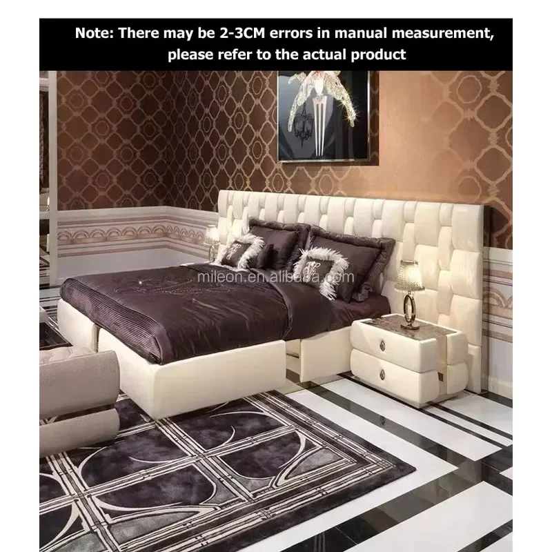 Unique Curved Shape Leather Bedside Cabinet Metal Handle Natural Marble Top Modern Nightstand for Master Bedroom
