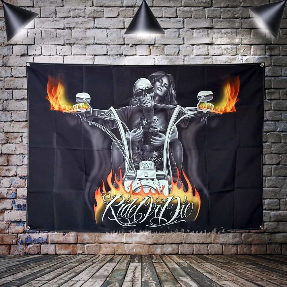 

Skull Flames Tattoo Biker Flag Banner Sexy lady Beauty Art Posters & Prints Wall Sticker Bar Cafe Garage Home Decor Painting