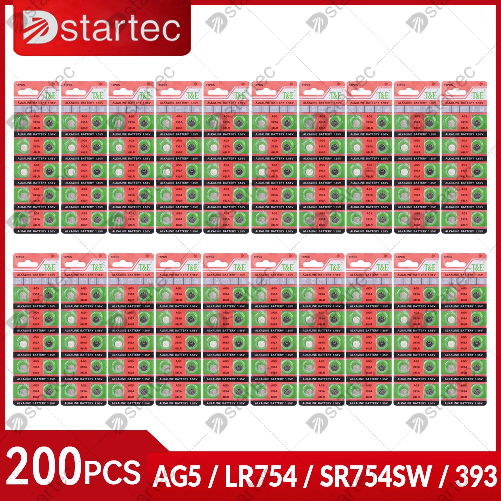 DStartec 200PCS SR754SW 393 309 L754 LR48 G5A 393A LR754 AG5 1.55V Alkaline Button Coin Cell Watch Battery; 100% Safe No Mercury