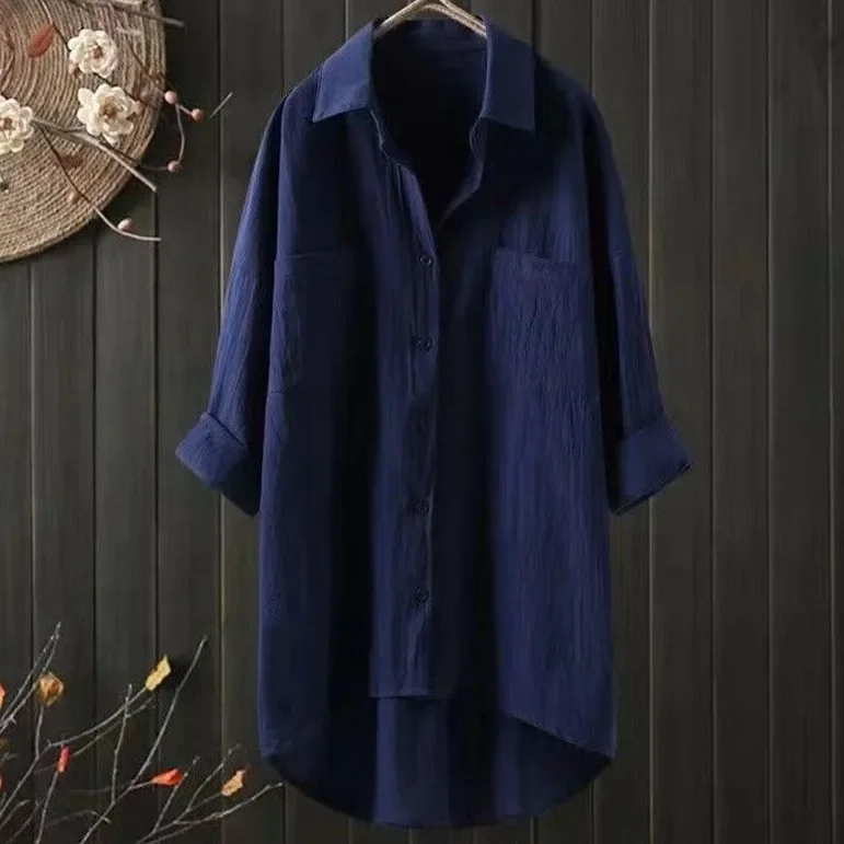 

Loose Cotton Linen Shirt Long Sleeve Double Pocket Versatile Summer Outerwear Women's Open Cardigan Top Fashionable Casual Style