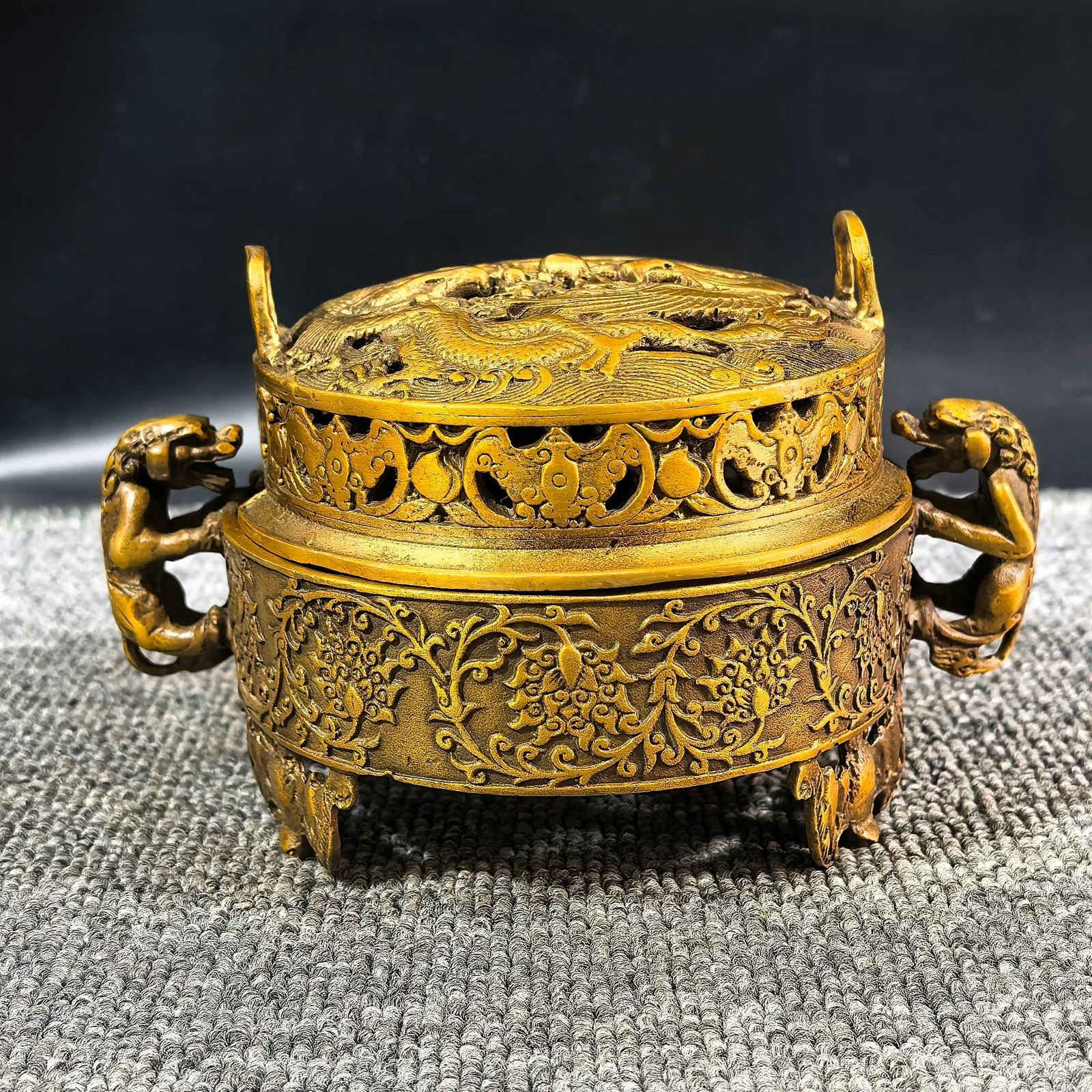 Brass Dragon Phoenix Censer Exquisite Carving Auspicious Luck Incense Burner
