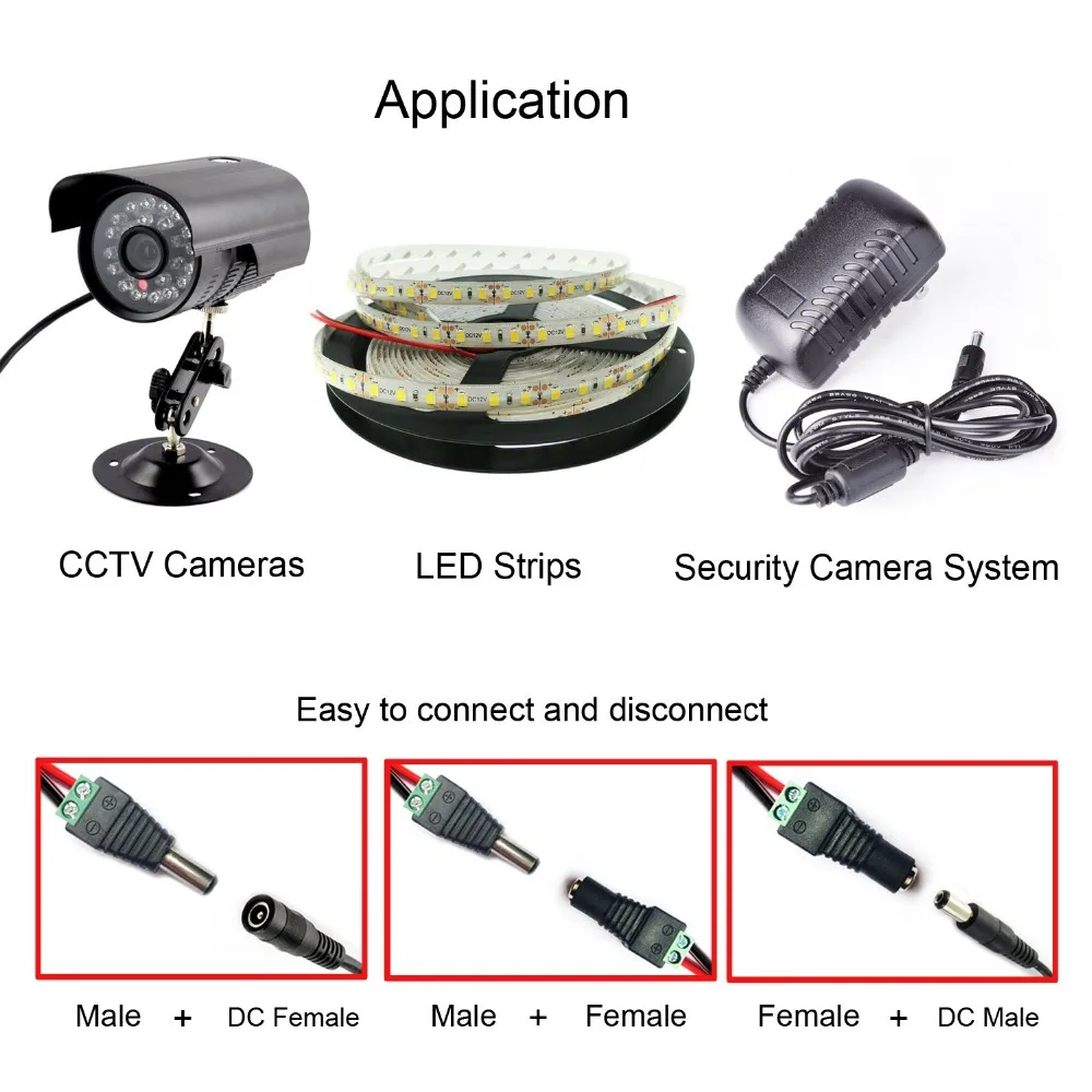 5 pares de conectores macho y hembra DC 12V, adaptador de enchufe de alimentación de 2,1x5,5mm, conectores para señal de Color, tira LED, cámara CCTV