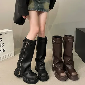ผู้หญิงฤดูหนาว BIKER BOOTS แฟชั่นเข็มขัดหัวเข็มขัดสุภาพสตรี Elegant แพลตฟอร์มยาวท่อ Booties Casual ผู้หญิงเข่าสูง Booties