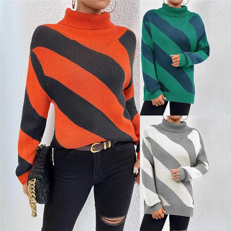 Autumn Winter High Ne Pullover Knitted Sweater Women's Base Layer irt Color Blo Diagonal Stripe Design Thi Long Sve