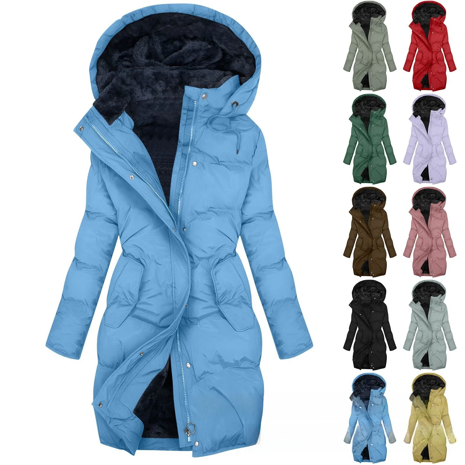 

Зимнее длинное пальто с капюшоном, на флисовой подкладке, с меховым воротником и карманами, женская хлопковая куртка в стиле кросс-бордер, для повседневной носки, модная.