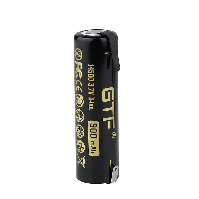 GTF 3.7V 900mAh 14500 with tab real capacity Li-Ion Rechargeable Battery for flashlight/remote control/toy point head 14500