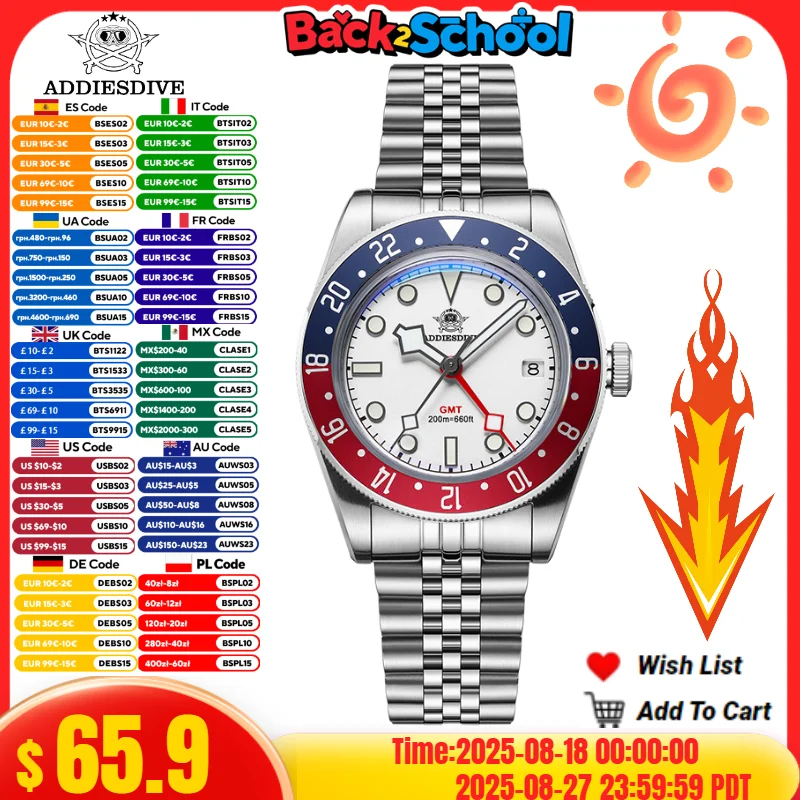 ADDIESDIVE 39MM GMT Męski Zegarek AD2044 20Bar Wodoodporny BGW9 Super Luminous Bubble Mirror Glass Zegarki Kwarcowe Reloj Hombre