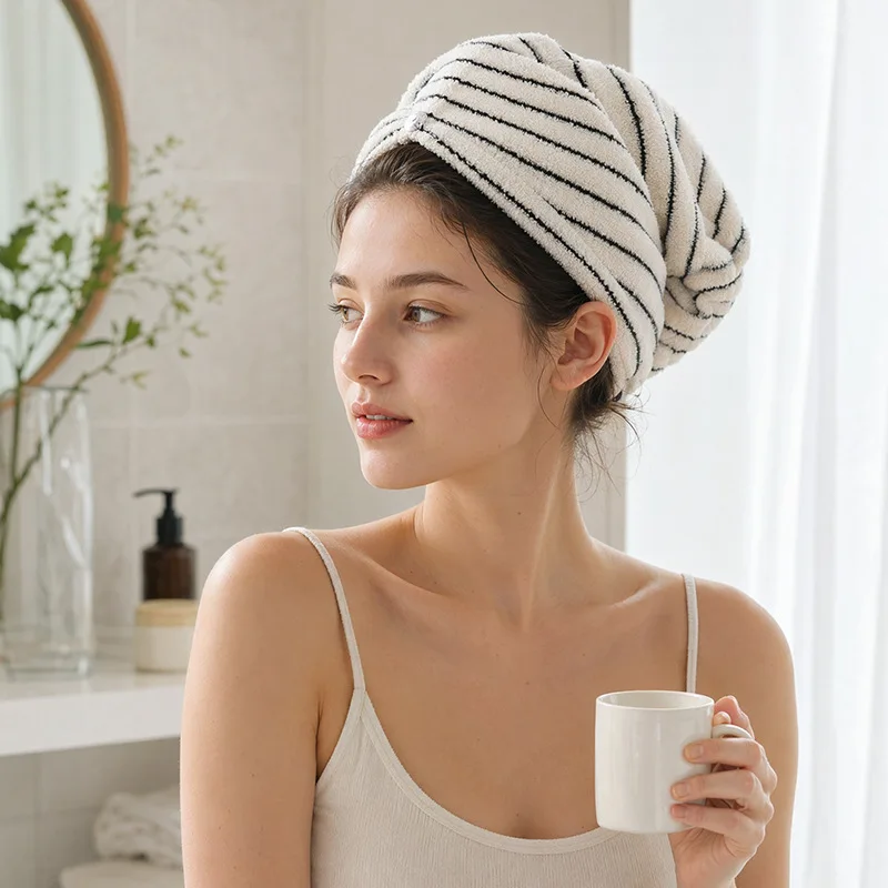 100% Cotton Thin-Striped Hair Towel Cap, Cross-Border Simple Thickened Striped Soft Absorbent Hair Cap for Home Use By Women