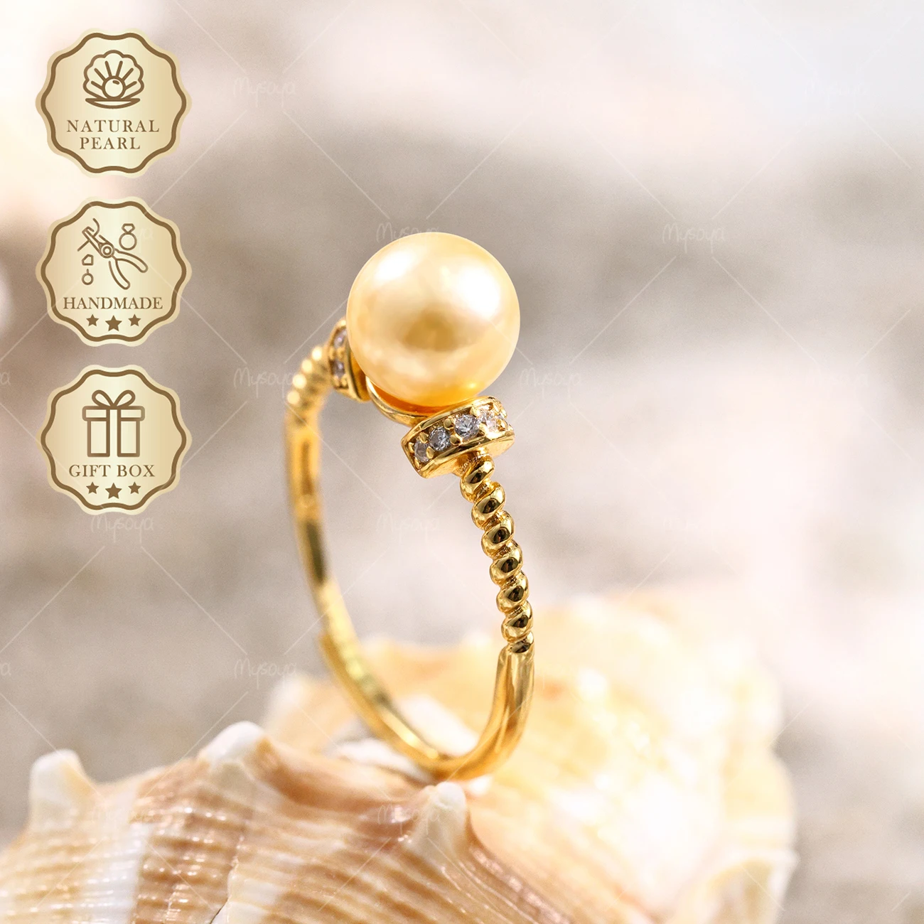 

MYSOYA Akoya Pearl Open Ring 7.5-8mm Luxurious Gold Ring, Birthday & Mother's Day Jewelry S309