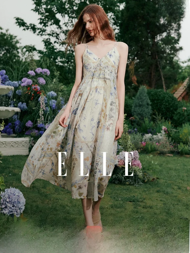 

Elle Retro Print Vacation Style Strap Dress Women's Spring New Fashion Elegant A-Line Skirt Dress Summer City Commute