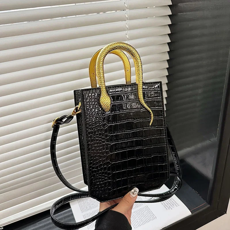 Solid Fashion Square Handbag Crocodile Pattern Leather Metal Handle Shoulder Bags Evening Bag Banquet Small Square Tote