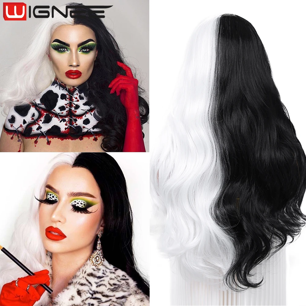 WIGNEE Black And White Wig Cosplay Body Wave Wig Halloween Costumes For Women Long Wig Synthetic Pink/Blue Heat Resistanttan