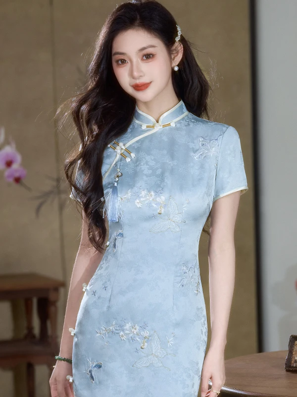 

Ele New Chinese Sle Skirt Breathable Daily Wear Low Slit ort Sve Long Dr for Summer 2025