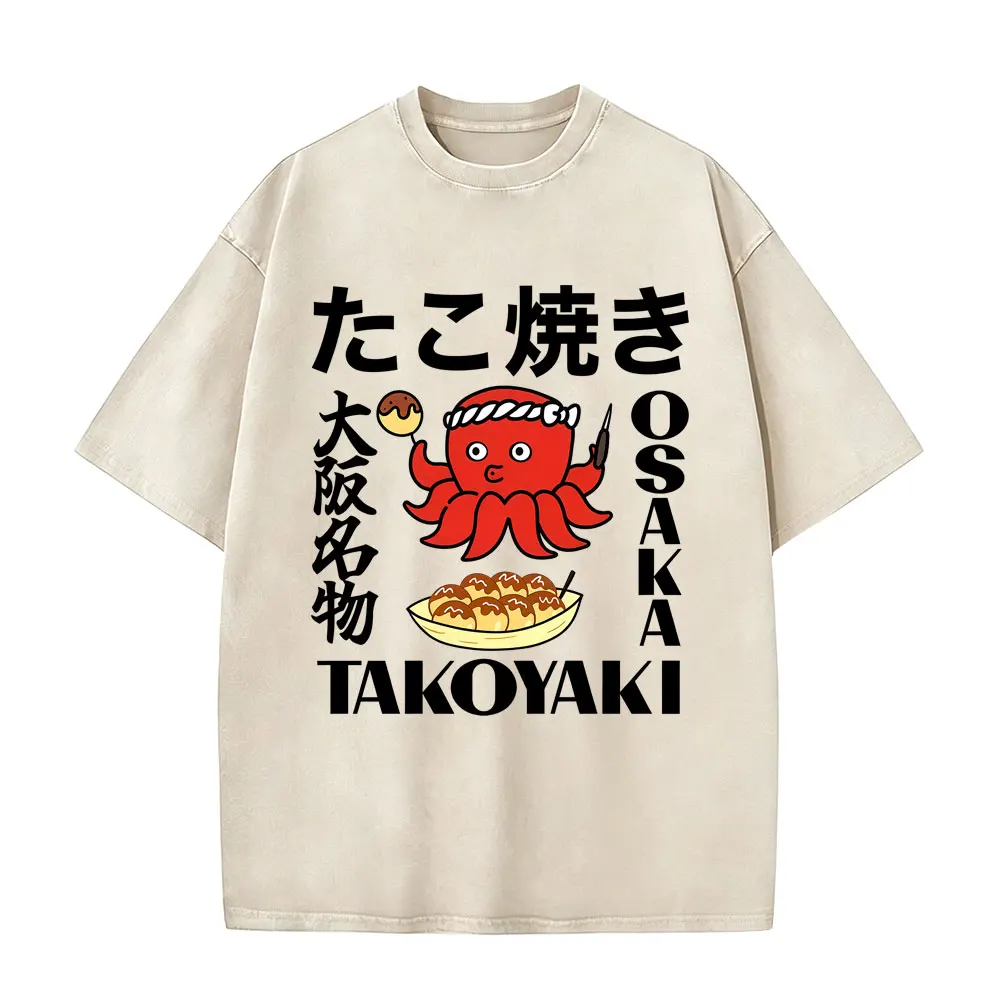 Washed Vintage Japanese Osaka Takoyaki Funny Octopus Chef Meme T-shirt Men Fashion Humor T-shirts Male Casual Oversized T Shirts
