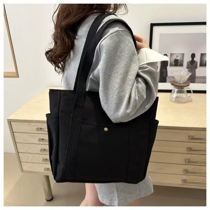 

Женская сумка из холщовой ткани, большая вместимость, несколько внешних карманов, на молнии, на плечо, студенческая сумка, для покупок