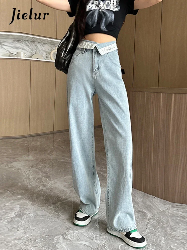 

Jielur American Style Cuffs High Street Women's Jeans High Waist Straight Solid Color Fashion Female Wide Leg Pants Casual Jeans