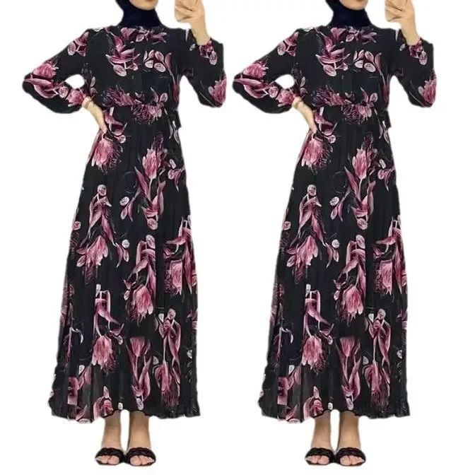 Print Abayas for Women Pearl Chiffon Muslim Dress Women Long Sleeve Temperament Robes Arab Turkey Dubai Abayas Women Clothing