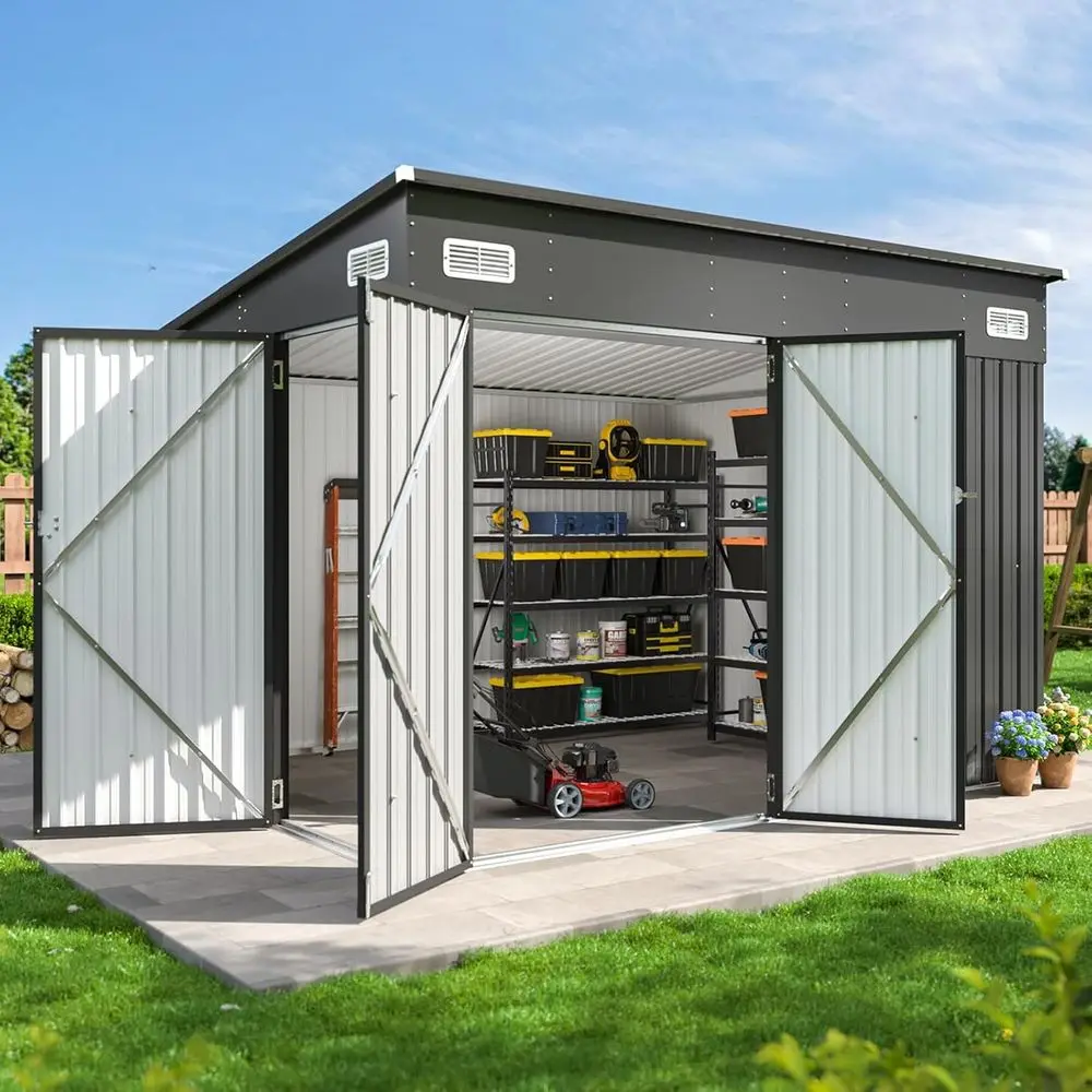 

Сарай для хранения на открытом воздухе 9.4'x7.3' с тремя запираемыми дверями или металлический шкаф для хранения с наклонной крышей, легко доступный для использования