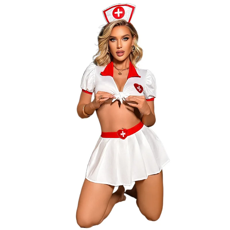 

New Fashion Women's Sexy Two Pieces Cosplay Nurse Uniform Adult Lady Front Knot Roleplay Doctor Lingerie Dress Erotic Costumes