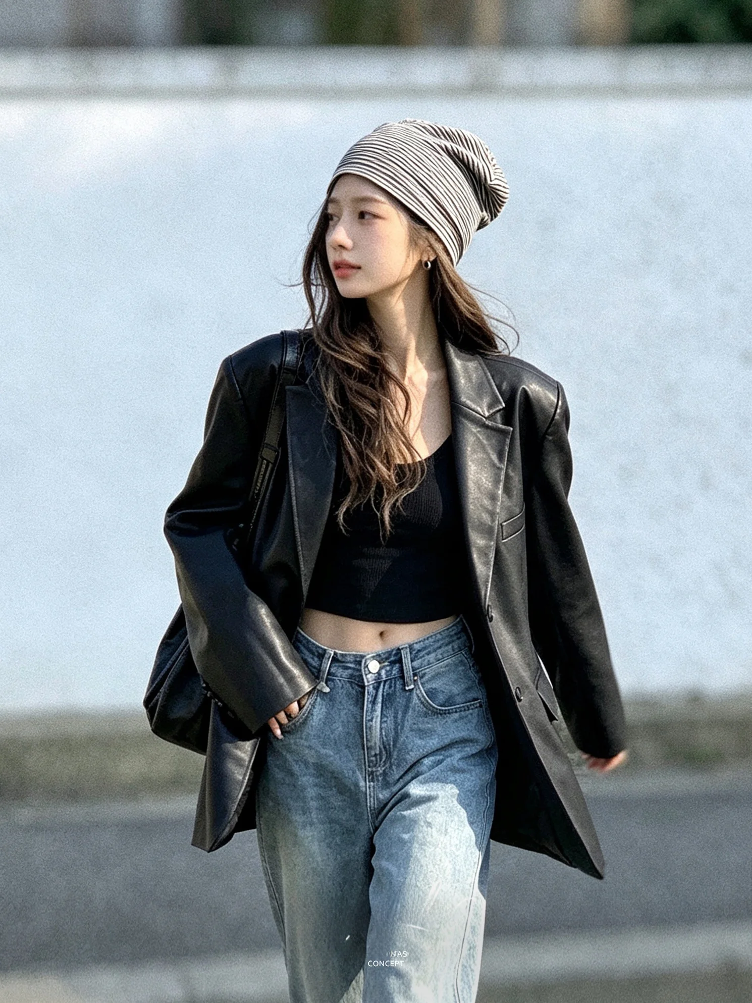 Black Oversized Jacket Women's Medium Length Loose Suit Collar High-End Feeling Streetwear Motorcycle Leather Coat Autumn Winter